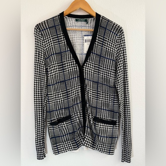 Lauren Ralph Lauren Sweaters - NWT Lauren Ralph Lauren Houndstooth Black White Blue Cardigan Women's Size L